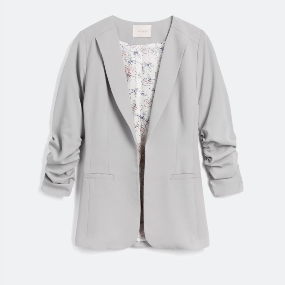 Skies Are Blue Gray Blazer Open Front Ruched Sleeves